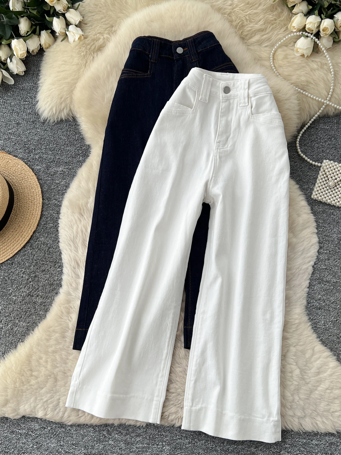 High Waist Wide Leg Jeans Women's Korean Loose Slimming Straight Cut Pants Nine Points New Style Autumn Season Ladies Jeans