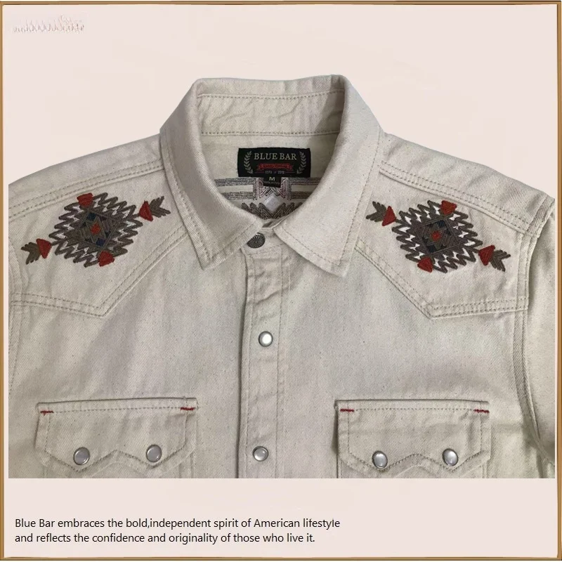 アメリカンスタイル ナバホ刺繍 コットンシードハル デニムシャツ RRL同等 スタンダードフィット 長袖 ボタンアップ メンズ＆レディース