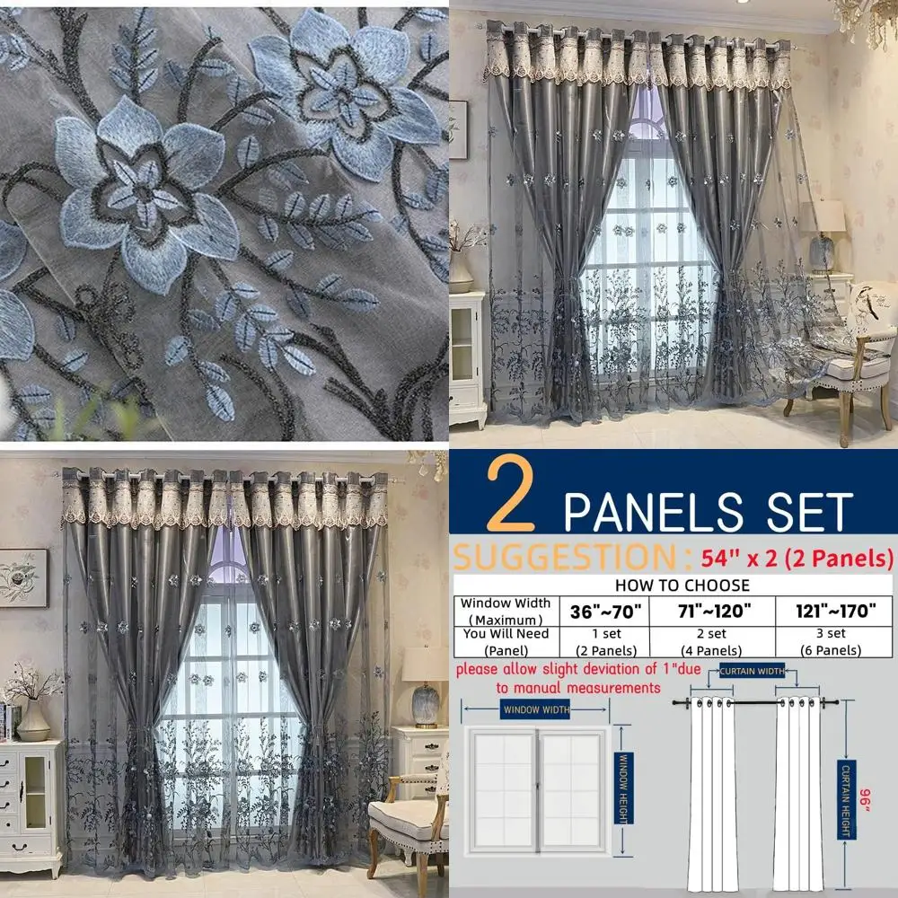 

Luxury Grey European Double Layer Curtains with Embroidered Flowers, 54x96 Inches for Living Room & Bedroom