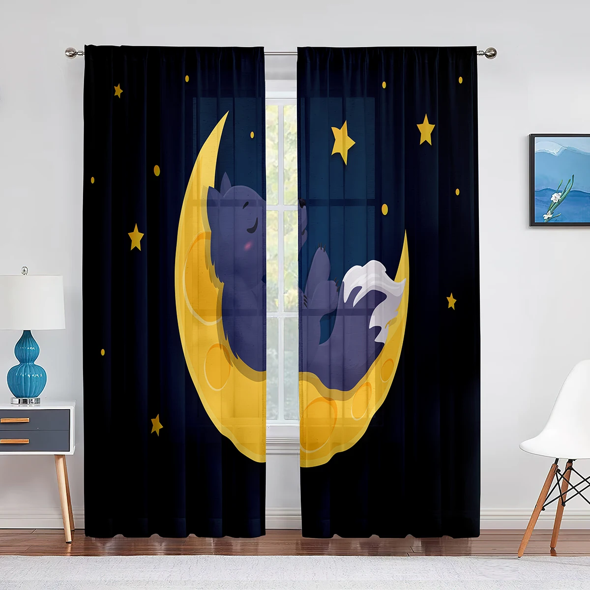 Cute Cartoon Bunny on The Moon Stars Rabbit Tulle Curtains for Living Room Kitchen Kids Bedroom Sheer Voile Curtain Decoration