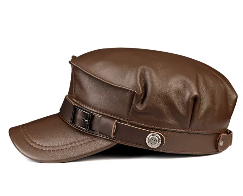 Winter Echt leder Mütze Herren flache Kappen Armee Militär hut Gürtel elegante Mann Baseball mütze britische Vintage Rindsleder Ohr warmen Hut – Detail 8