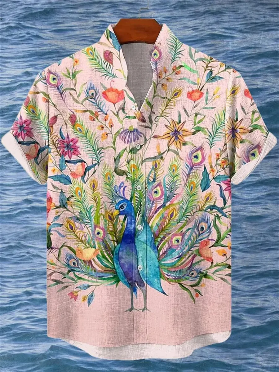 New Comfortable Hot-Selling Men's Irregular Pattern Printed Casual Streetwear Vintage Linen Stand Collar Short Sleeve Shirt