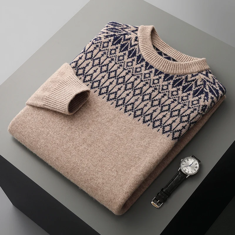 Shoulder jacquard Autumn/Winter new 100% Merino wool cashmere pullover Men's O-neck pullover warm bottom knit shirt top