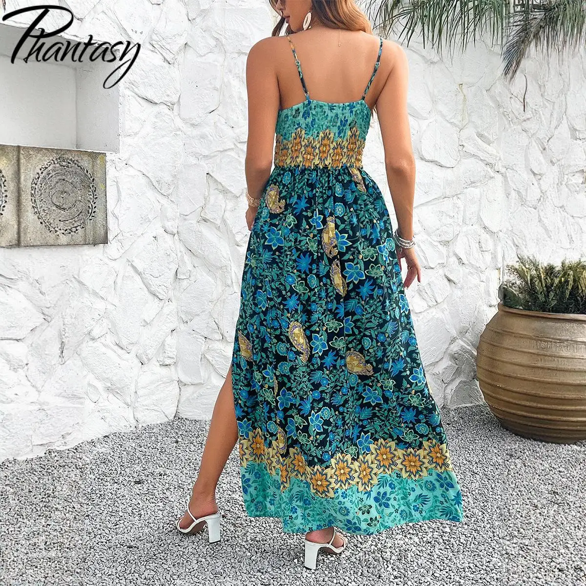 Phantasy Bohemia Long Dress Green Vintage Pattern Strap Dresses Summer Women V Neck Slit Skirt Beach Vacation Casual Gown