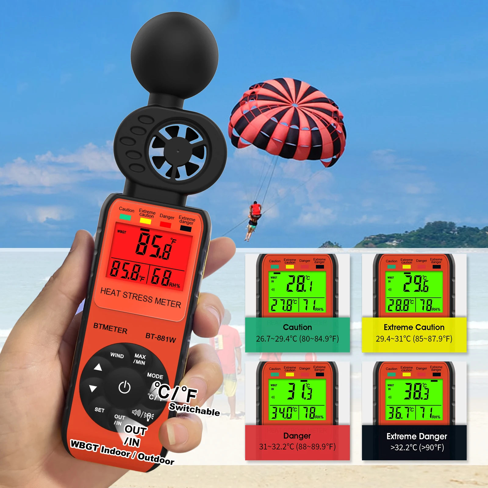 BT-881W Heat Stress Monitor, 3-in-1: Wet Bulb Globe Thermometer, Anemometer, WBGT Alarm. Measures wind, humidity, temp (℃/℉).