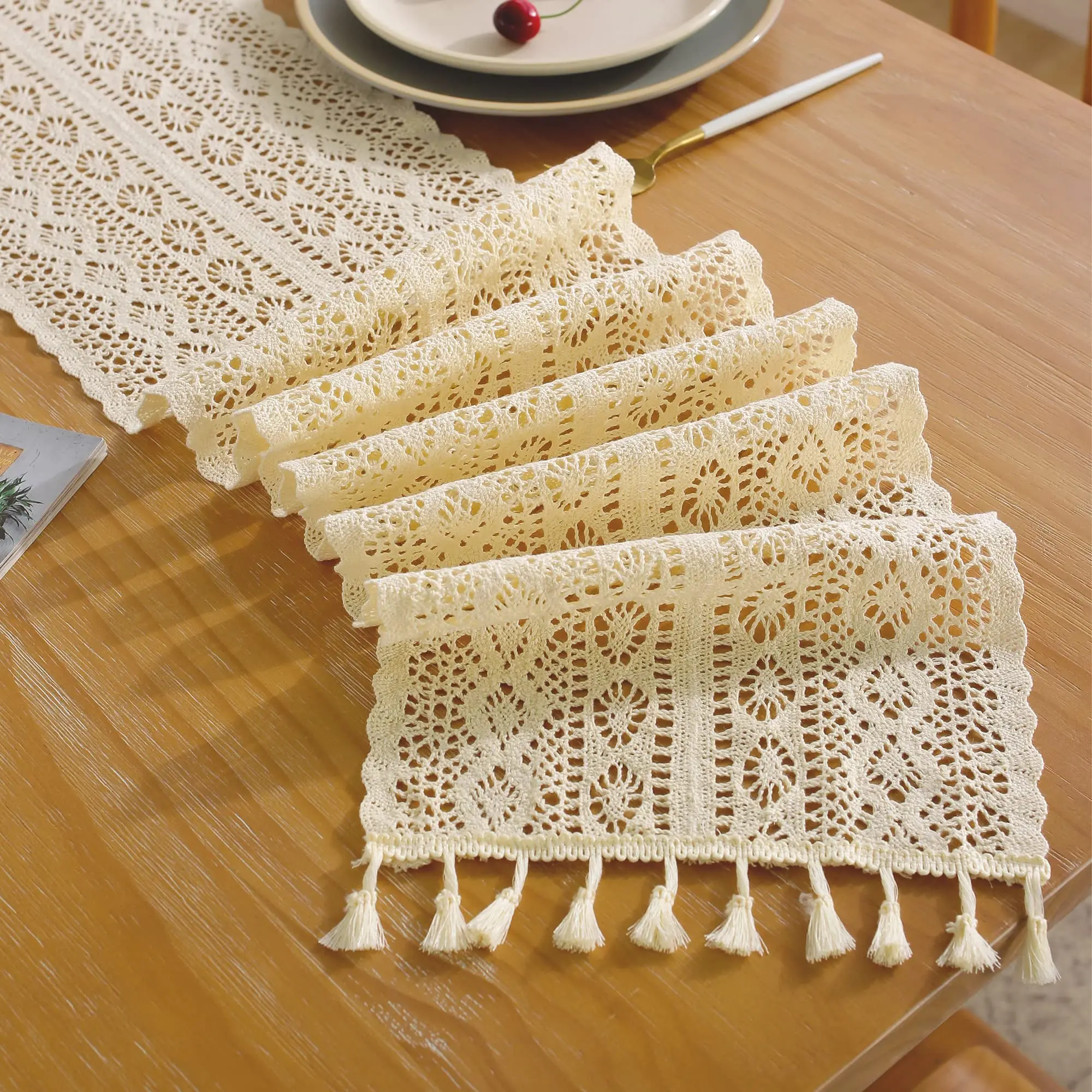 Cotton Lace Boho Beige Table Runner Farmhouse Style Vintage Home Bridal Shower Country Wedding Party Coffee Dining Table Decor