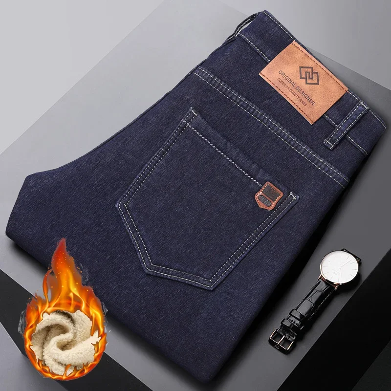 Winter Men Plush Wool Elastic Straight Denim Pants Soft Fabric Thicken High Waist Stretch Jeans Male Warm Fleece Work Trousers