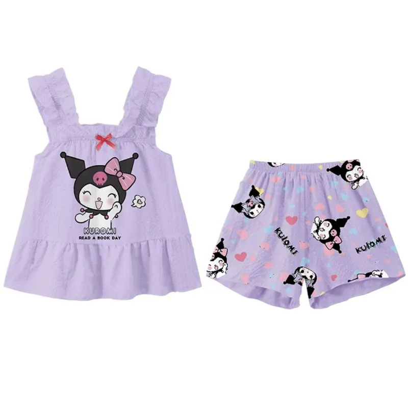 Girl's My Melody Strap Pajama Bow Anime Cinnamoroll Kuromi Printed Princess Children's Thin Kawaii Sleeveless Home Dress Set