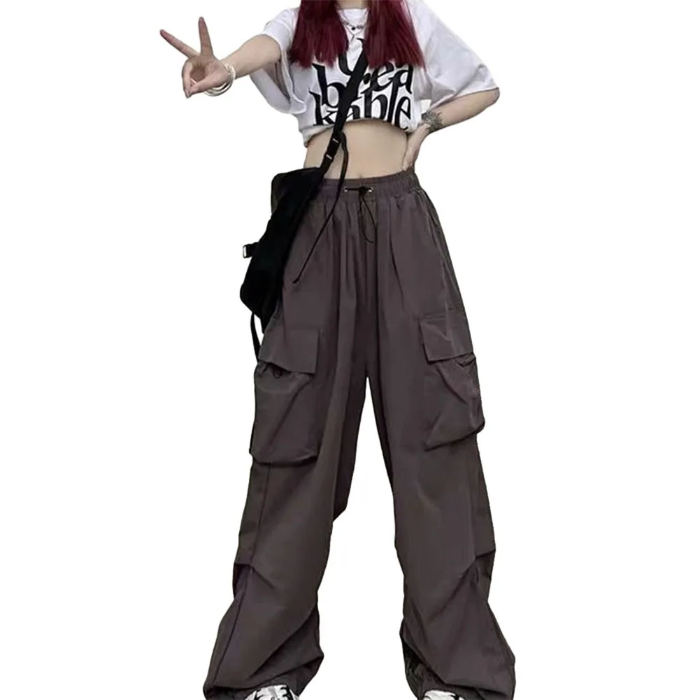 Fashion Y2k Women\'s Cargo Pants Streetwear Vintage Pockets Elastic Waist Baggy Drawstring Wide Leg Pants Trousers Clothing