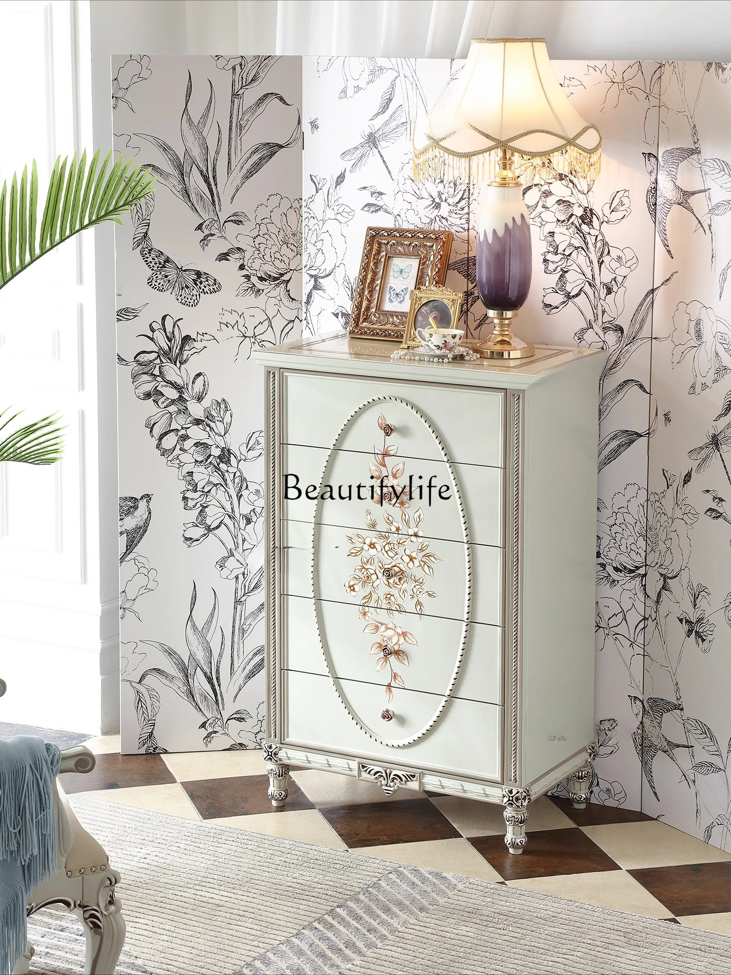 

French pastoral solid wood chest of drawers European bedroom hand-painted drawer decorative locker