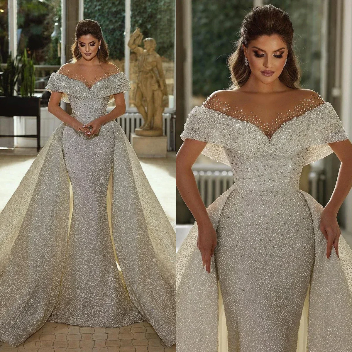 

Customized Luxury Off Shoulder Mermaid Wedding Dress Sweetheart Lace Sparkling Bridal Ball Dress Detachable Train Robe
