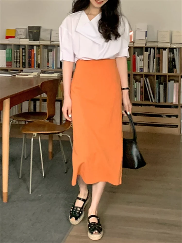 Gonna slim a mezza lunghezza blu arancione per donna 2025 Nuovo autunno moda vita alta dritto tubino diviso avvolto gonna a trapezio