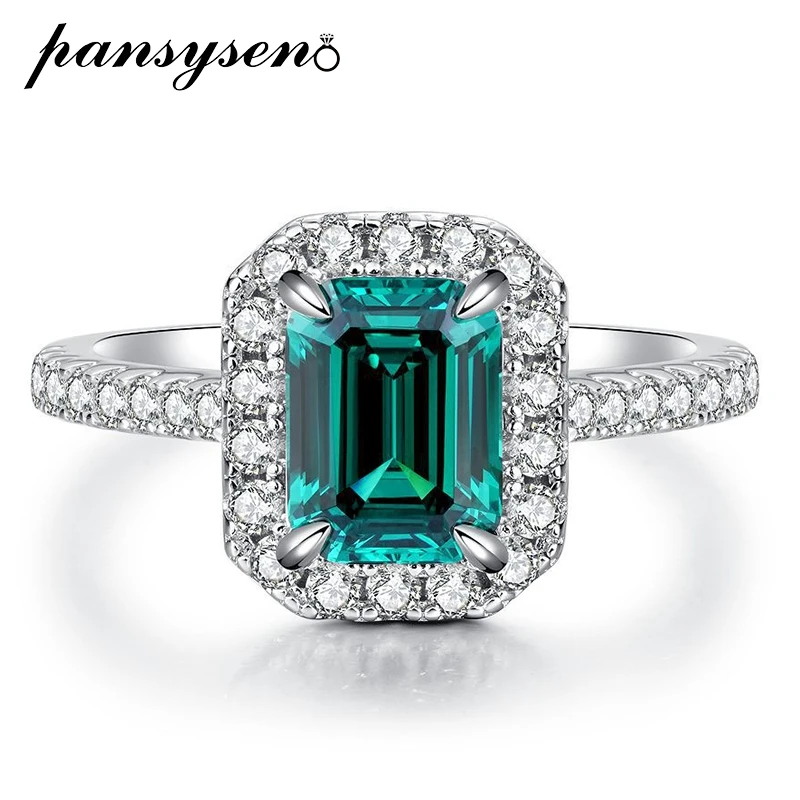 

PANSYSEN Trendy 925 Sterling Silver 2CT 6x8MM Emerald Cut Sapphire Emerald High Carbon Diamond Ring for Women Fashion Party Gift