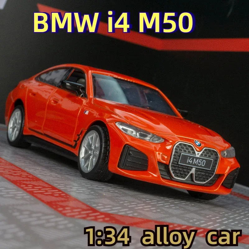 

1:34 Новая модель автомобиля BMW i4 M50 из сплава, Литые металлические спортивные автомобили, модель автомобиля, имитация звука и фото, детская игрушка в подарок