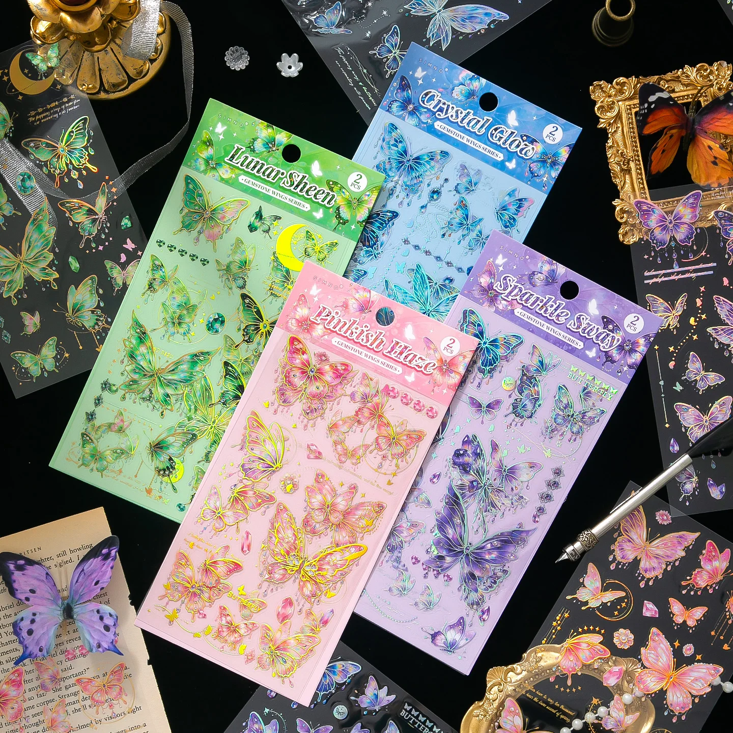 2Pcs Holographic Butterfly PET Stickers, Iridescent Glitter Transparent Wing Decals for Journal Phone Case Decoration