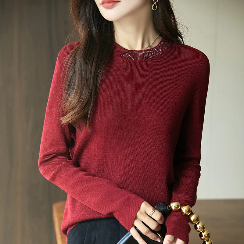 New Round Neck Spun Wool Sweater For Women, Long Sleeved Loose And Versatile Pullover, Fashionable  Versatile Knit Base Sweater