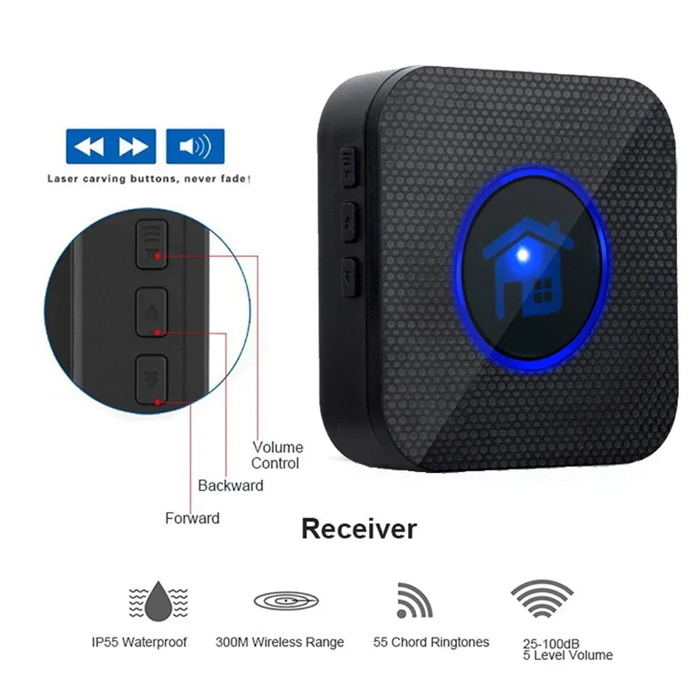 

2pcs Doorbell Receiver With Transmitter Wireless Doorbell,Waterproof Cordless Doorbell With 5Volume Level And LED Light Home Kit