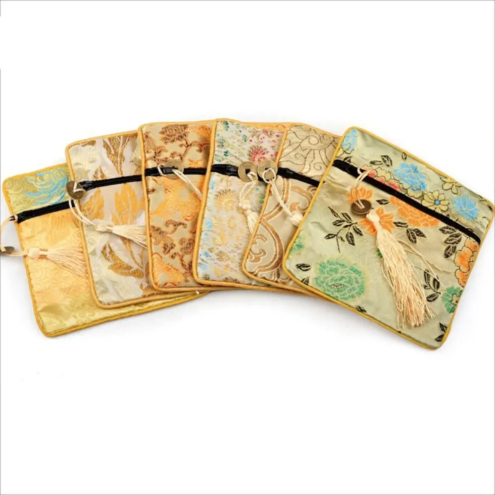 

Tassel Mini Embroidery Canvas Coin Purse Dragon Square Flower Jewelry Packing Bag Storage Bag Copper Cash Pendant