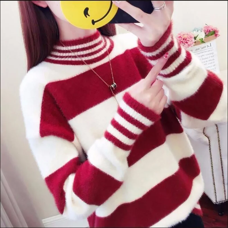 Fashion Half High Collar Striped Loose Casual Sweaters Female Clothing 2023 Autumn Winter New All-match Pullovers Korean Tops