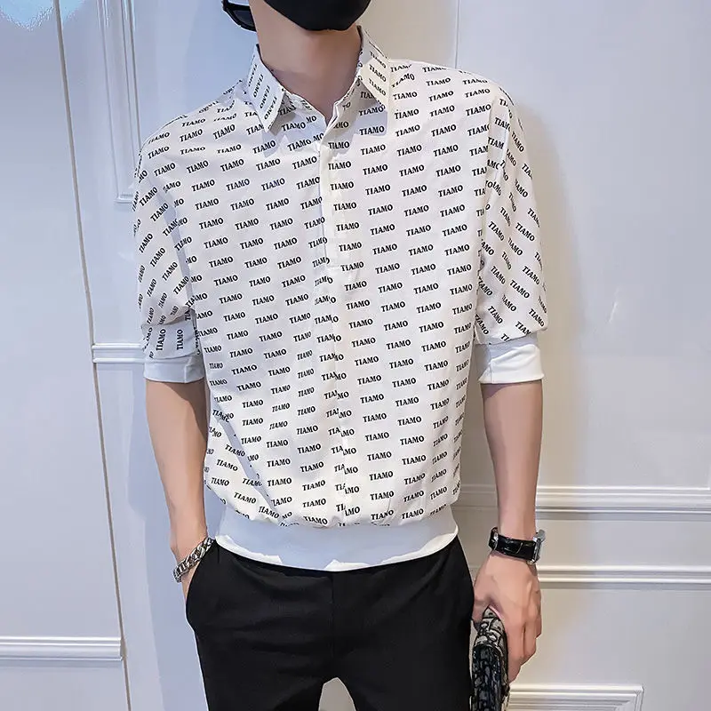 Fashion Printed Lapel Spliced Half Sleeve Letter Shirts Men\'s Clothing 2023 Summer New Casual Pullovers Tops Korean Shirt