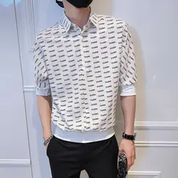 Fashion Printed Lapel Spliced Half Sleeve Letter Shirts Men's Clothing 2023 Summer New Casual Pullovers Tops Korean Shirt