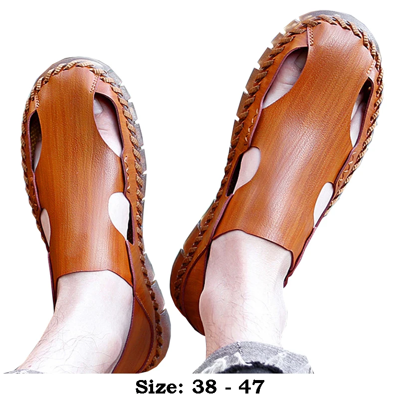 

High quality leather flat sandals for men round toes new summer 2024 size 46 47 casual outdoor walking big size shoe black brown