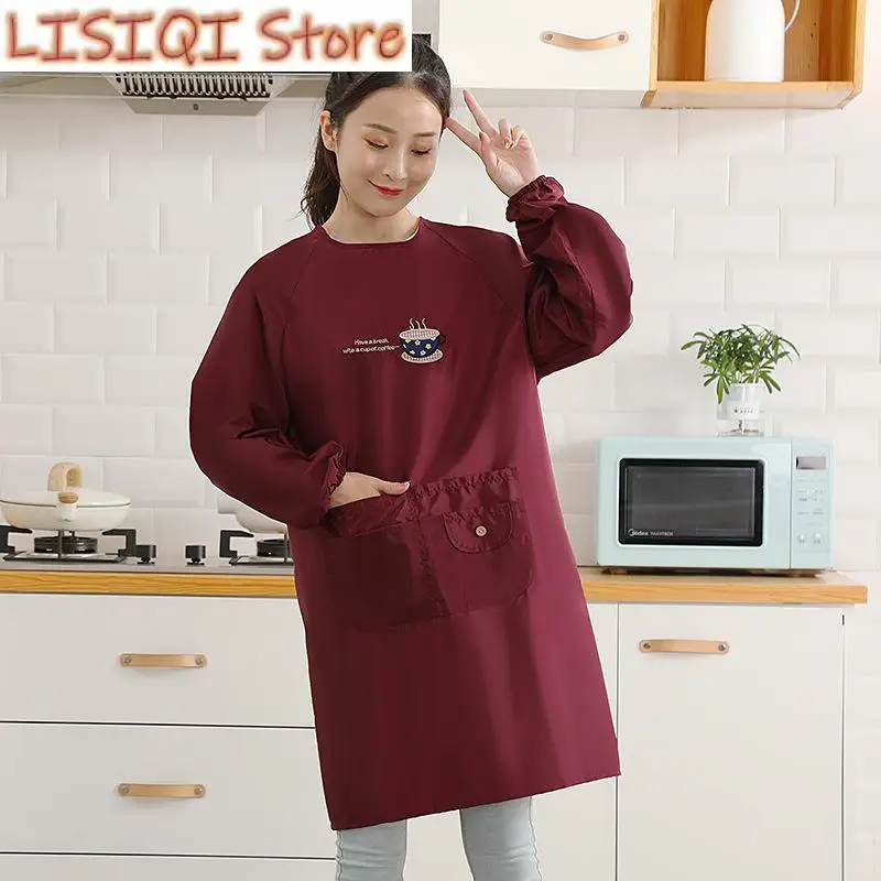 New Cotton Waterproof Sleeved Apron Adult Coveralls Oil-proof Kitchen Aprons for Woman Men Work Clothes Baking