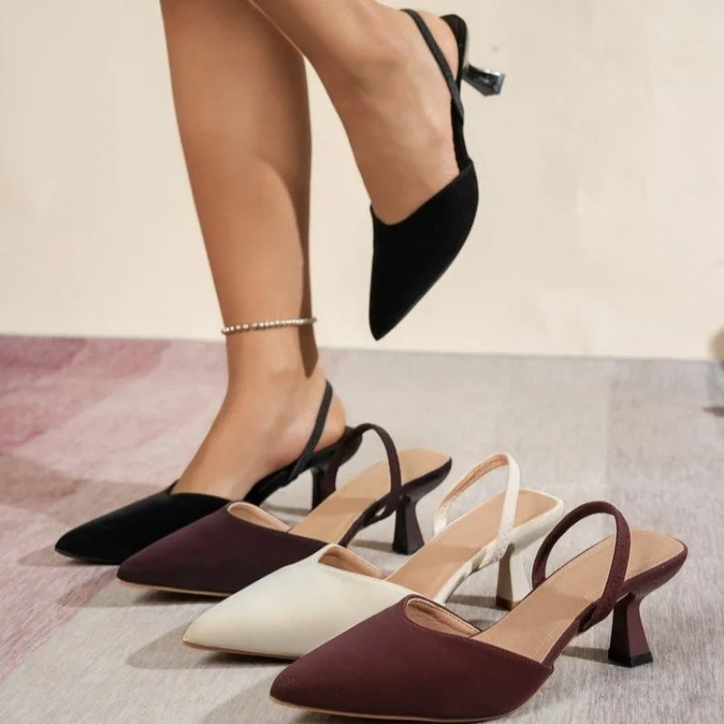 Women's Summer Fashion Pointed Toe High Heel Sandals Thin Strap PU Material Big Size Available Elastic Band Fastening
