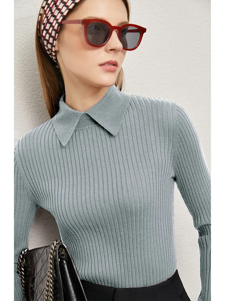 Amii Minimalism 2024 Sweater for Women Autumn New Office Lady Basic Lapel Striped Slim Knitted Tops Solid Trendy Blouse 12444058