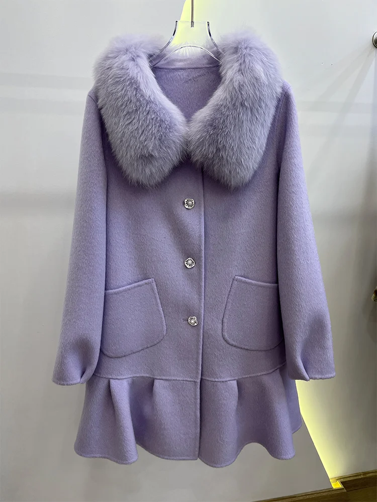 2025年ファッション レディース カシミヤ ウール ウールコート 冬用ジャケット 天然リアルフォックスファー襟 レディース アウター ストリートウェア