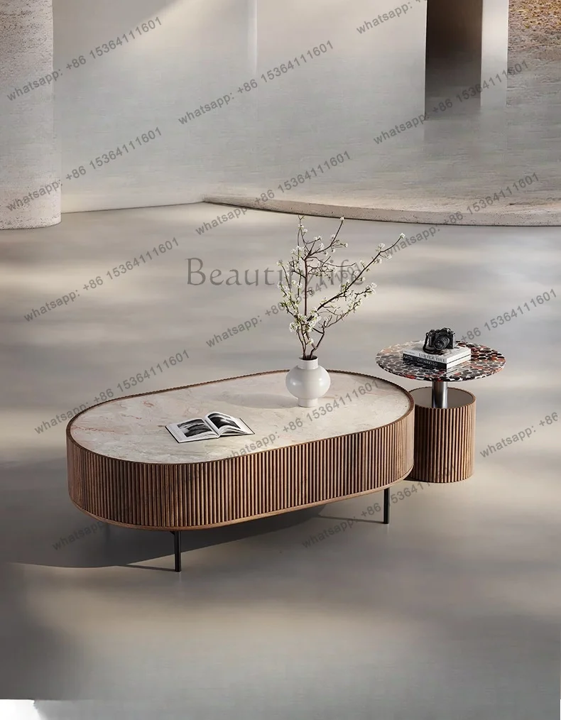 PG Italian minimalist rock slab coffee table household high-footed walnut light luxury modern high-end oval coffee table