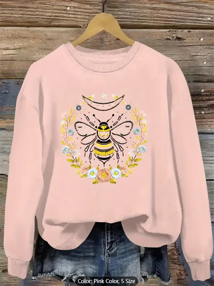 

Womens White Sweatshirt Bee Floral Moon Graphic Print Casual Oversized Pullover Top for Nature Lovers Comfortable Pure Cotton