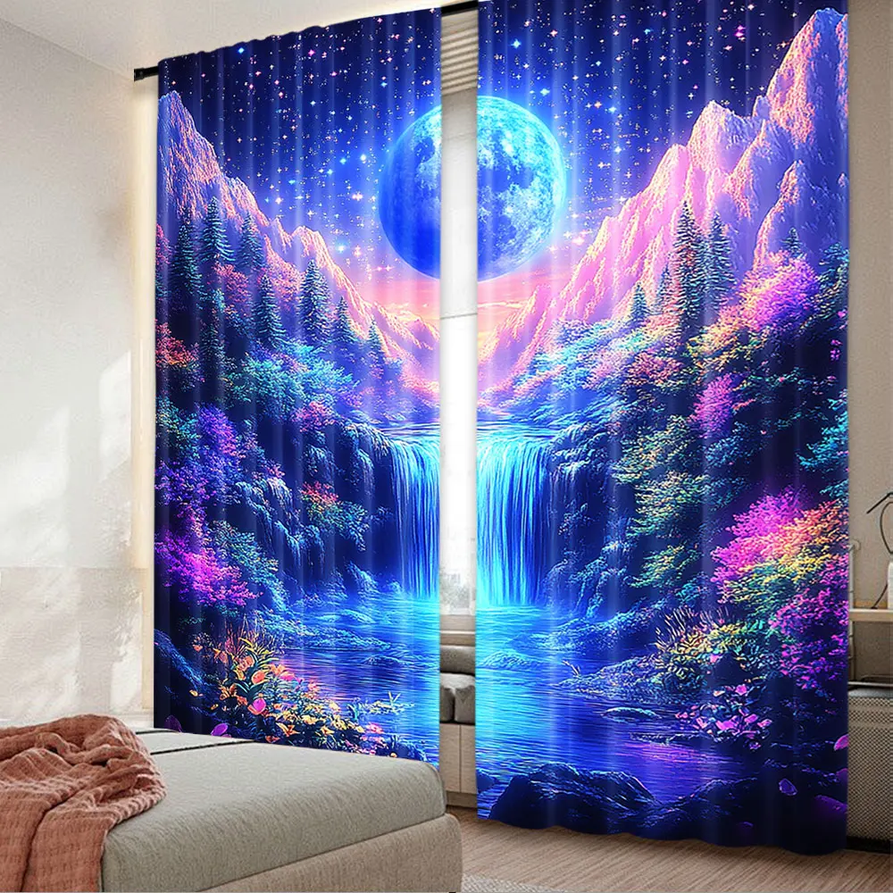 2Pcs Blue Moonlight Mountain Curtain Starry Night Sky Waterfall Lake Tree Woodland Fantasy Nature Scenery Aesthetic Room Decor