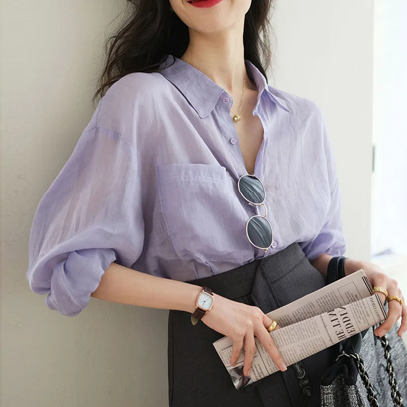 

Summer Thin Purple Single Breasted Women's Blouses 2025 New Long Sleeve Elagant Korean Office Lady Casual Loose Shirts Female