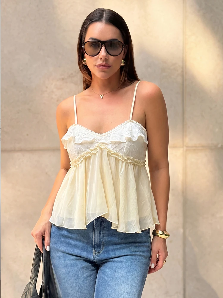 HH Elegant Beige Lace Cami Top for Women 2026 Summer Sweet Flowy Chiffon V-Neck Top Asymmetric Hem Female Chic Tops  for Beach