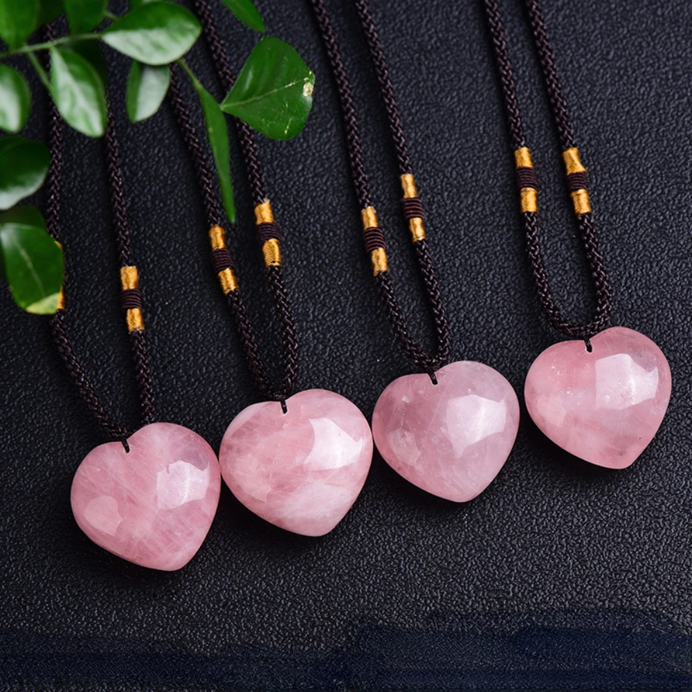 Natural Rose Quartz Heart Shaped Pendant Reiki Healing Pink Crystal Love Accessories Charms Necklace Jewelry