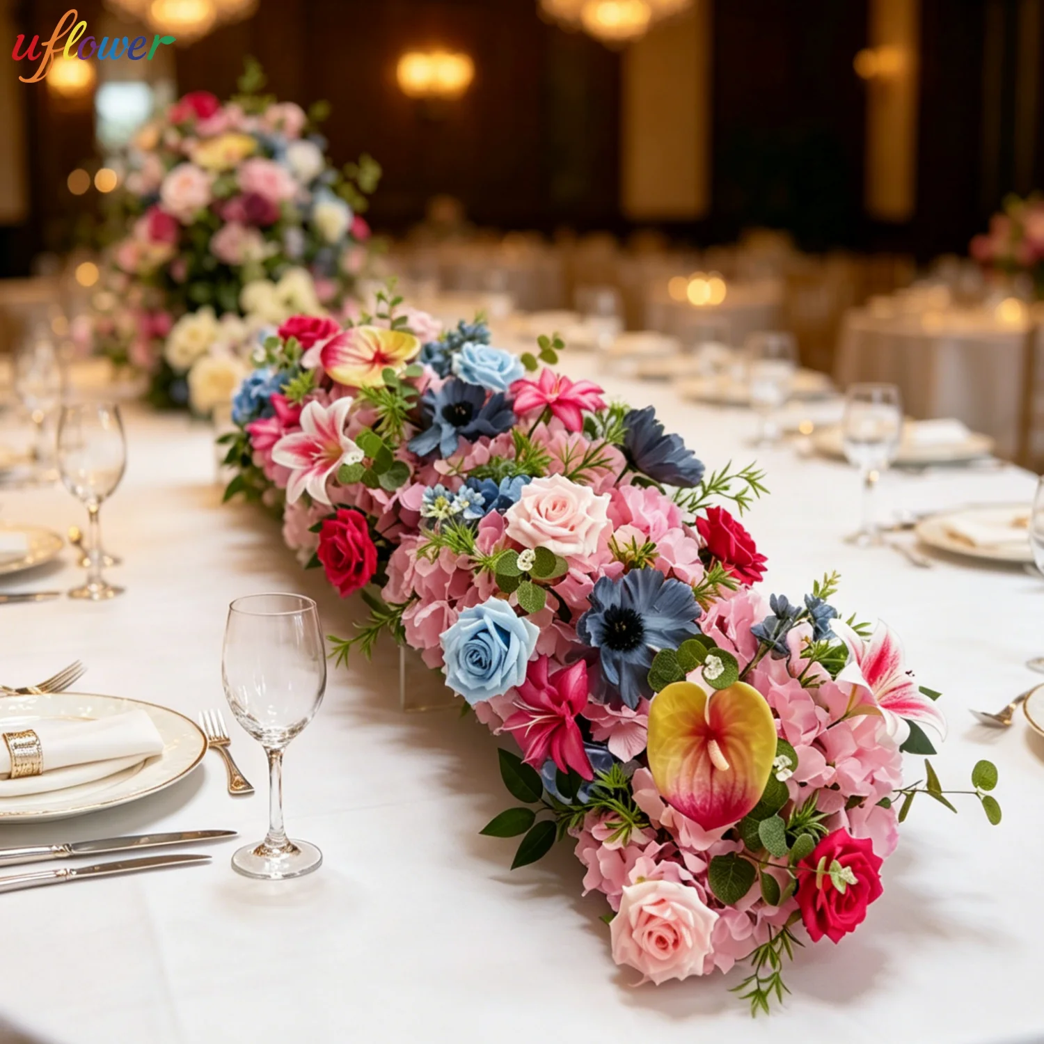 

100CM New Corlorful Rose Artificial Flower Row Sofa Runner Flower Row Table Centerpieces Flower Arrangement Wedding Party Props