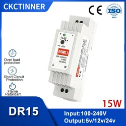 DR-15 15W DIN Rail Switching Power Supply Input 100-240V AC To DC 5V 12V 24V Single Output For Led Strip CCTV 2.4A 1.25A 0.63A