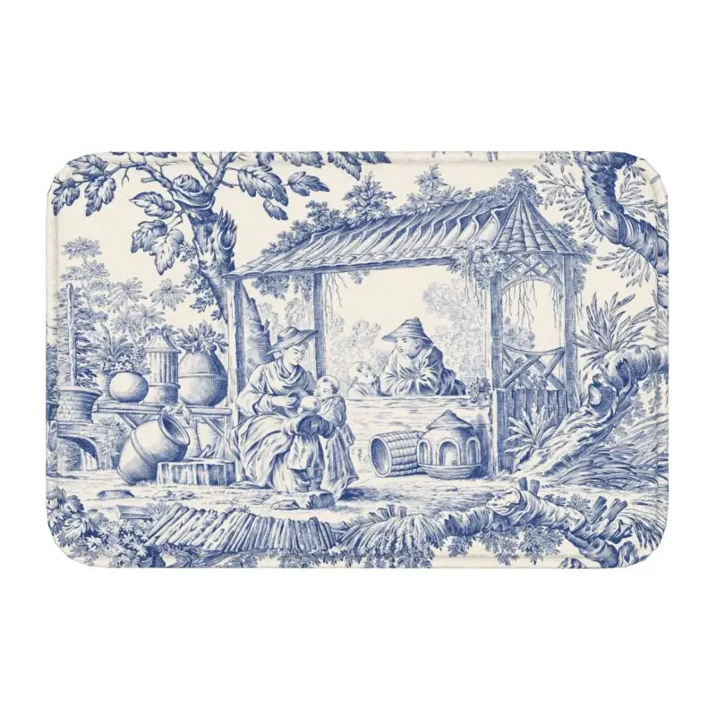 Vintage Classic French Toile De Jouy Navy Blue Motif Pattern Front Floor Door Entrance Mats Outdoor Doormat Room Carpet Rug