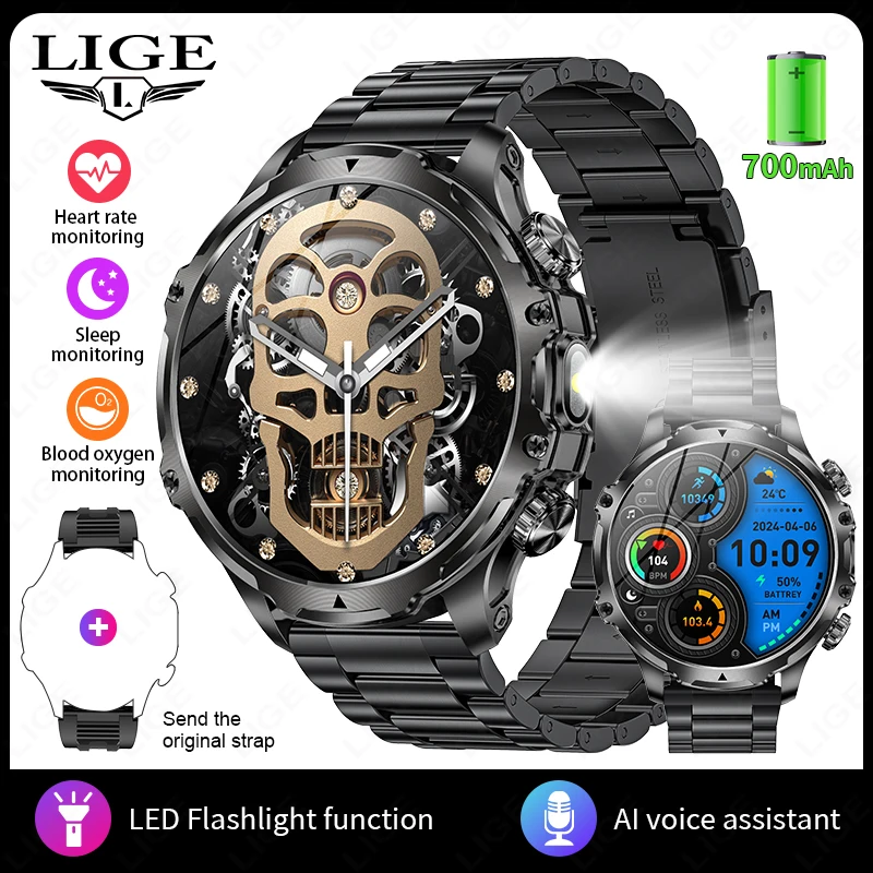LIGE Smart Uhr Männer Taschenlampe 1,9 zoll 416*416HD Bildschirm Im Freien Sport Fitness Tracker 700mah Große Batterie BT anruf Smartwatch 8