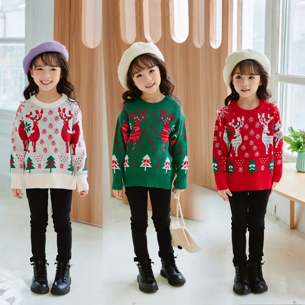 

New Fall 2024 children's knit sweater printed Elk pullover New Year Christmas themed sweater for boys and girls 2-10 years