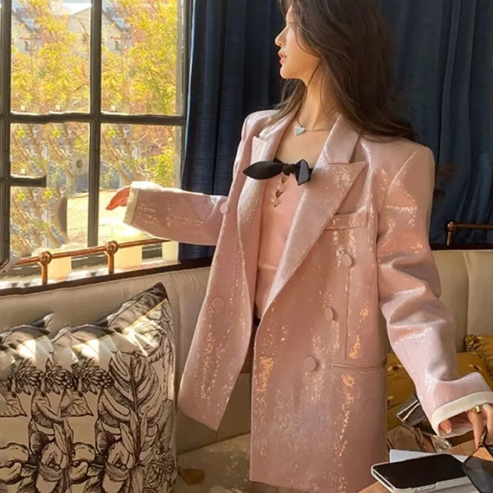 Fashion Sequins Women's Suit Jackets Notched Collar Double Breasted Full Sleeves Pink Blazer Autumn 2024 New Party Ladies Coat