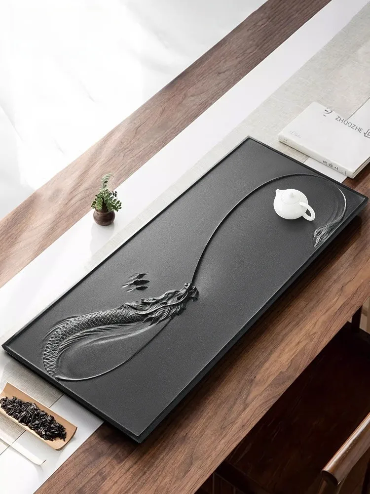 

Натуральный чайный поднос из черного золотистого камня, резной, для офиса и приема гостей, длинный прямоугольный, ручной работы, в китайском стиле, с рисунком в стиле туши