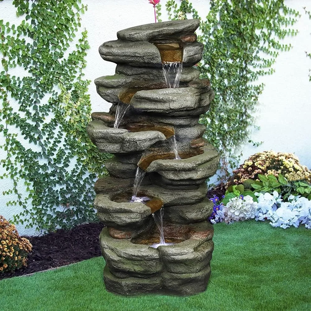 

30.7in Outdoor 6-Tier Rock Waterfall Fountain with LED Lights Garden Patio Home Decor Relaxation Ambiance Easy Assemble