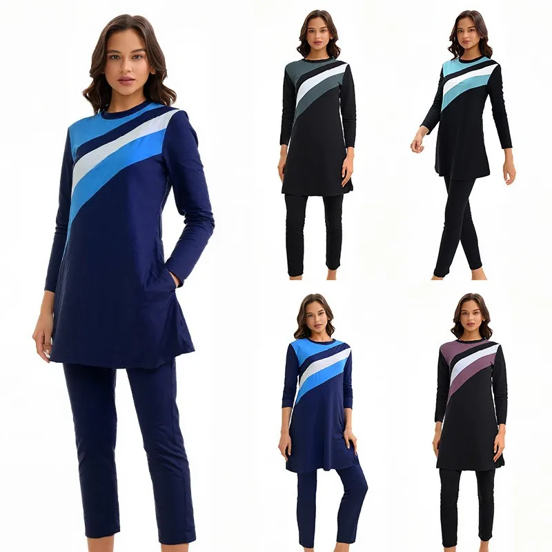 

Navy Blue Swim Dress Long Sleeve Diagonal Stripe Swimdress Knee Length Round Neck Swimming Dress Side Slit Rash Guard Dress
