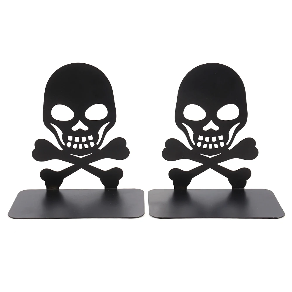 Black Gothic Pirate Skull Head Shape Bookends for Men Boys Cool Desk Bookshelf Decoration Books Stand Support Supplies Gifts