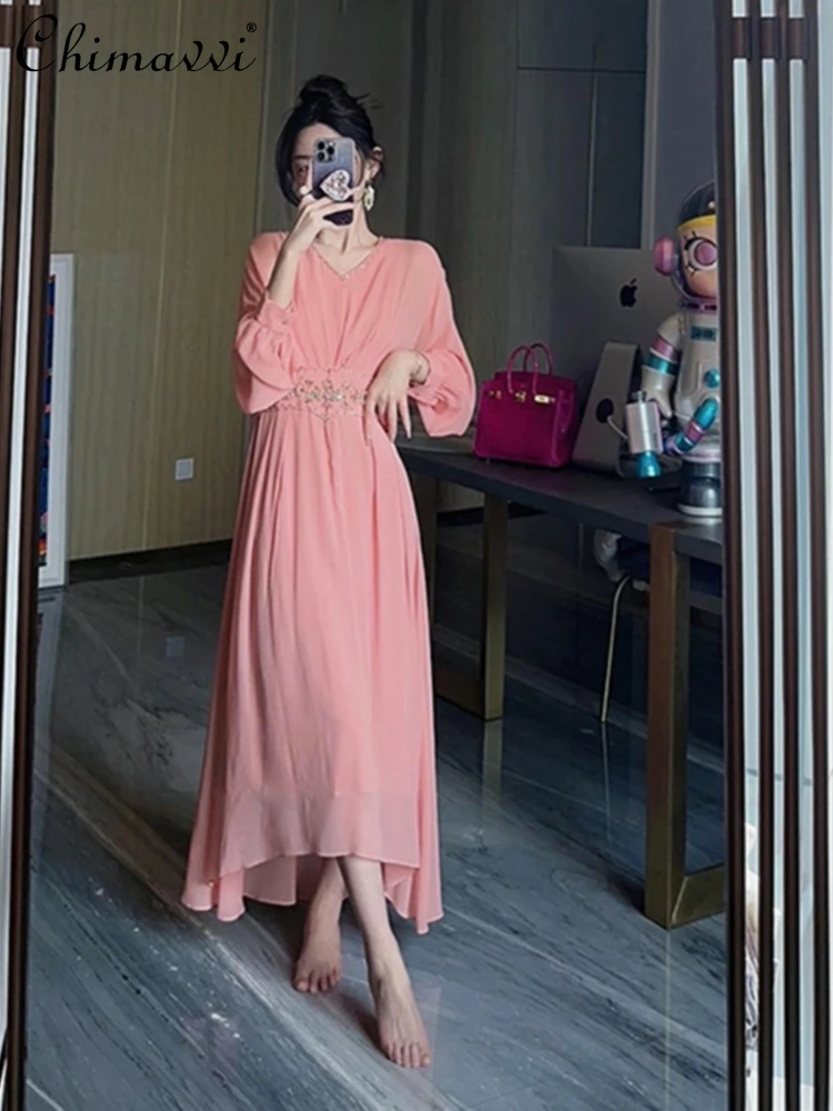 

French Elegant Fairy Style Beaded Flower V-neck Long Sleeve High Waist Slim Fit A-line Pink Chiffon Long Dress Women Summer 2024