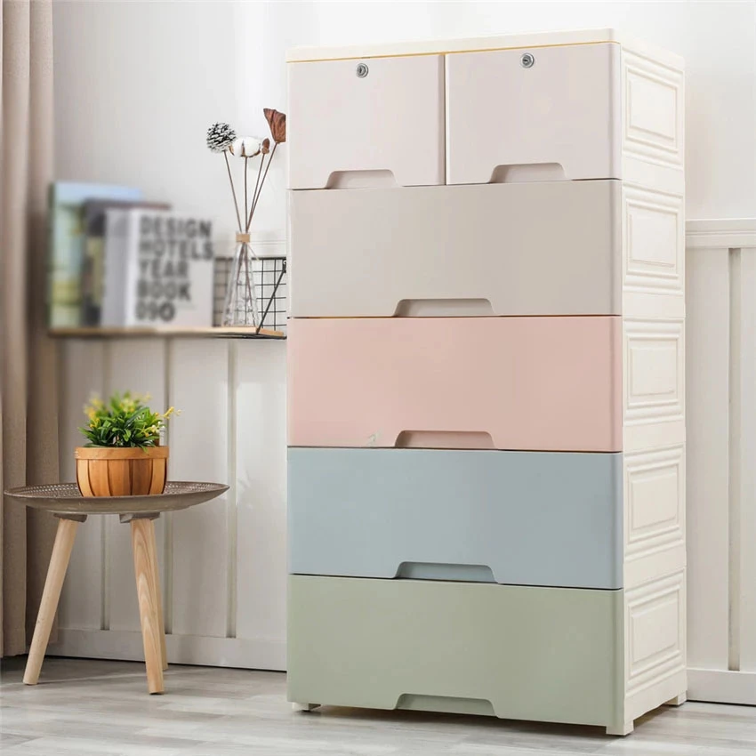 

5-Tier PP Drawer Type combined locker Clothes Storage Cabinet Large Children Toy Plastic Organizing Cabinet With Lock Wheel