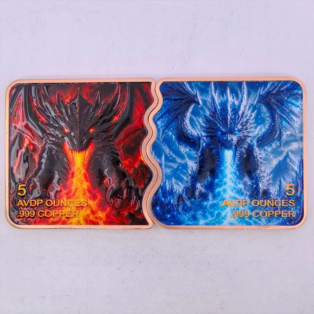 5OZ .999 Fine Copper Interlocking Bar Set Angel Demon Fire Ice Dragon Split Design Metal Bullion Bar Collectible Souvenir Gift