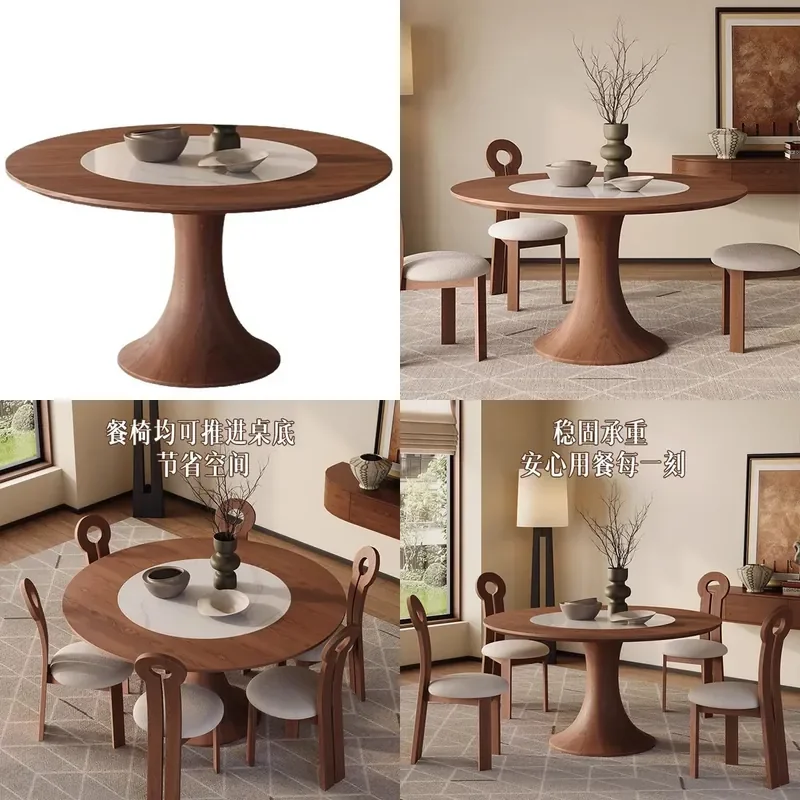 Walnut Round Dining Table with Lazy Susan Wabi Sabi Style Horn Legs Compact Living Room Furniture for Small Apartments